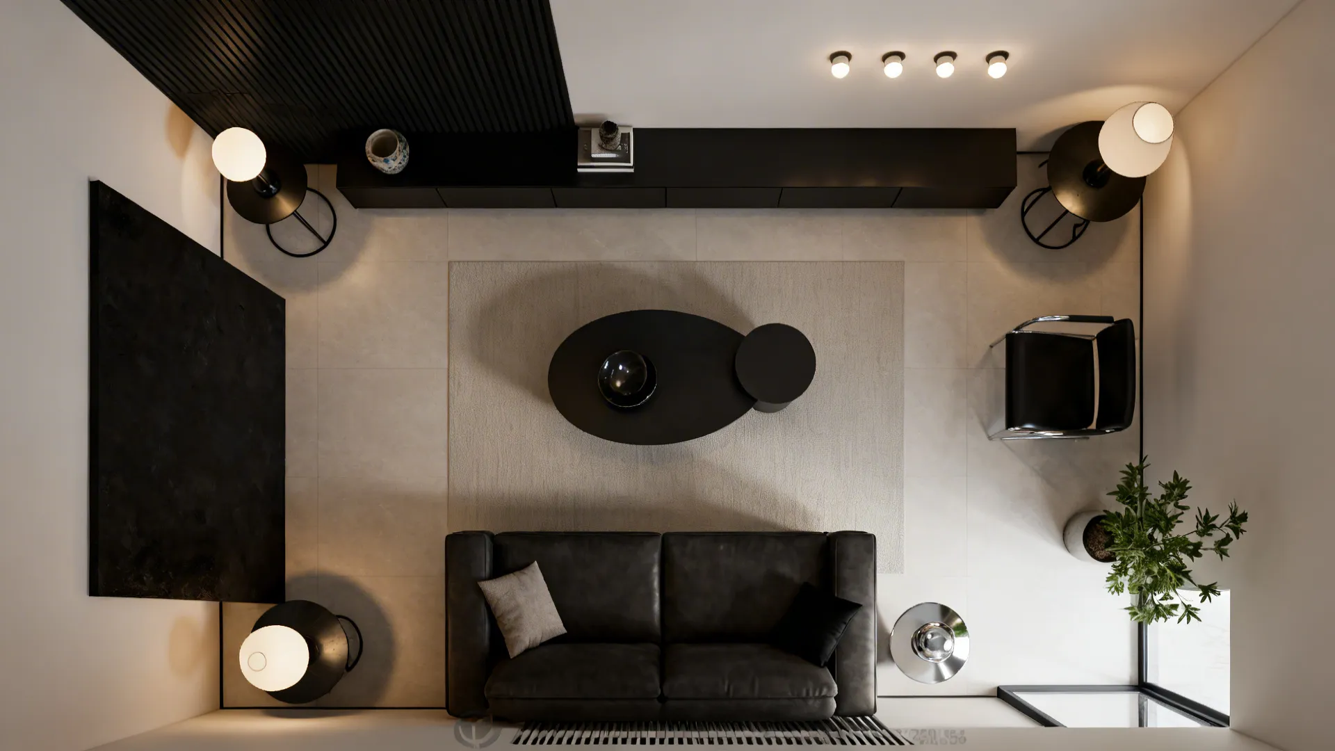 Top down interior design drawing with black sofa oval coffee table and modern living room