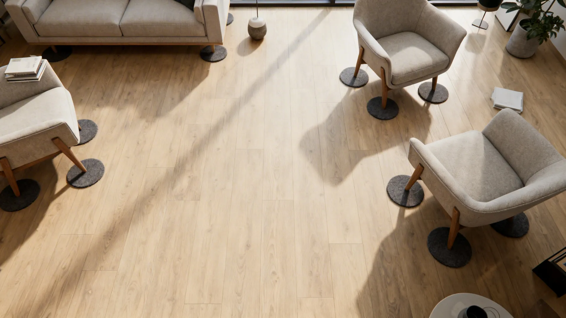 Top-down layout showing seating and circulation on light hardwood
