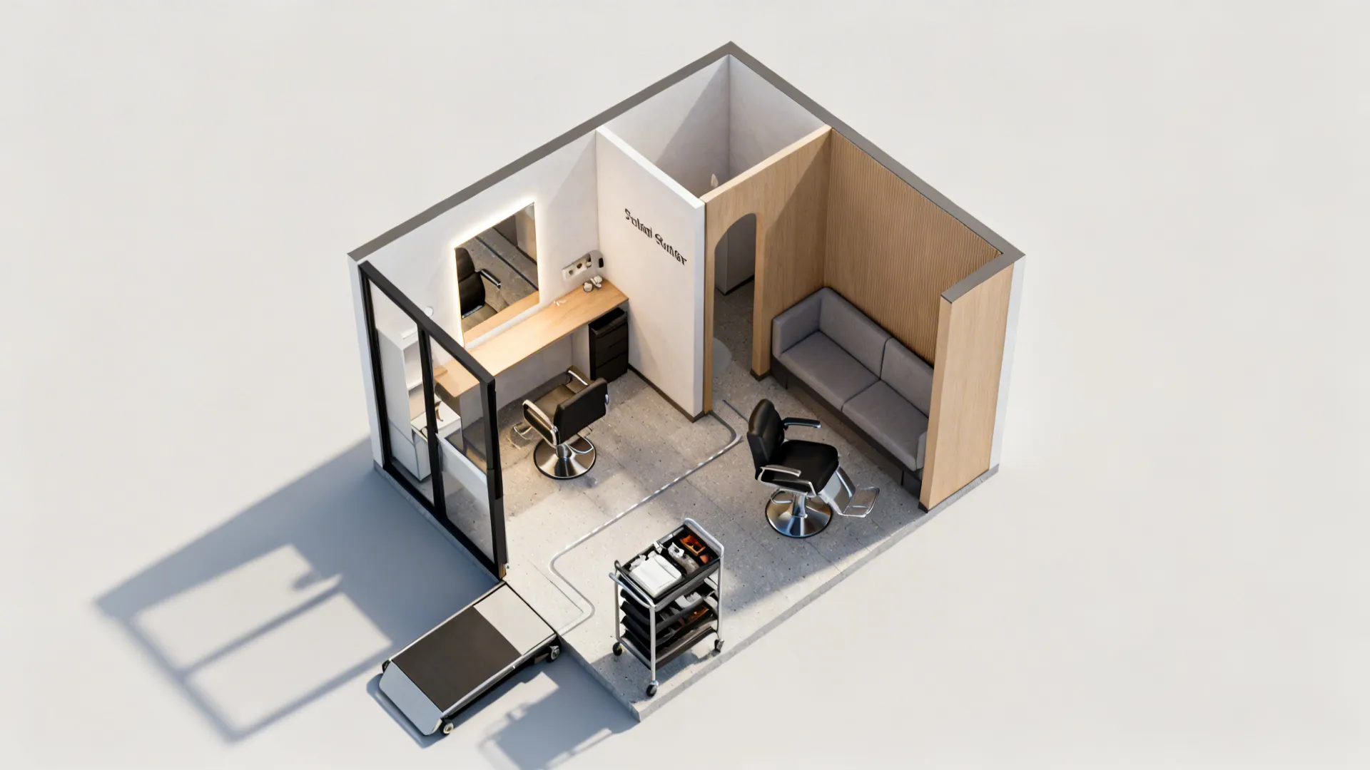 Top-down layout visualization of a tiny studio showing salon nook placements and circulation zones