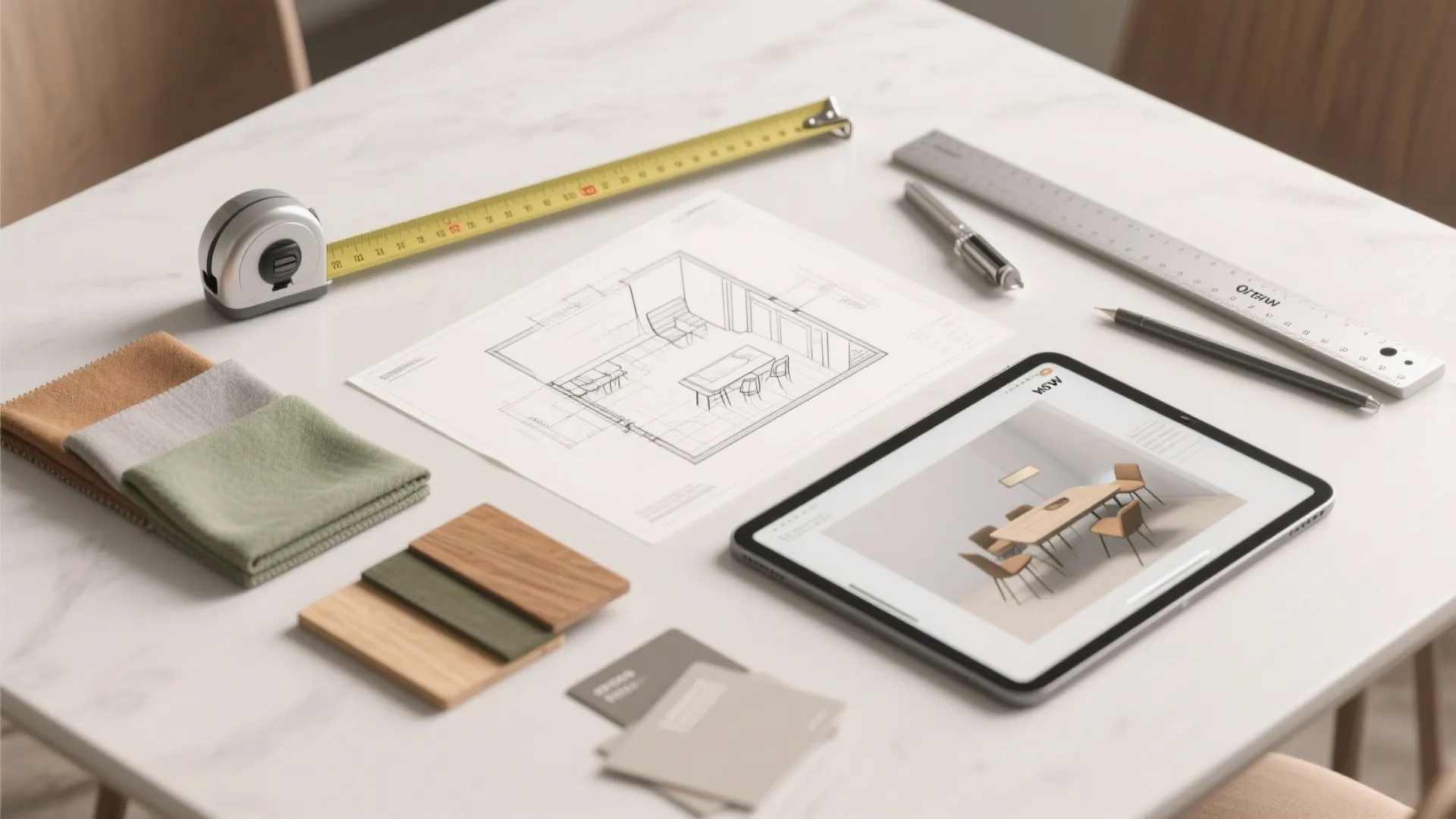Top-down flatlay of measuring tools, swatches, and a tablet with a 3D mockup for small dining layout planning.
