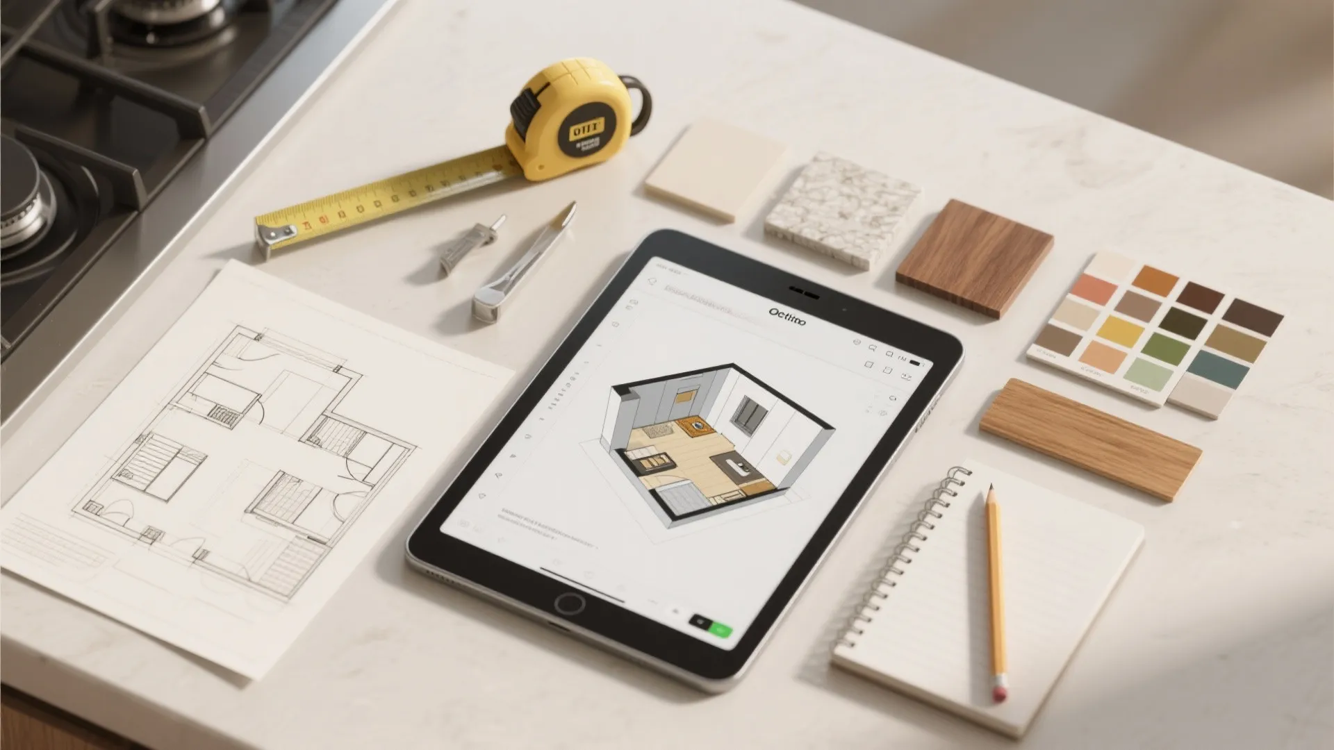 Interior design tools including a tablet with floor plan sketches material samples and measuring tape