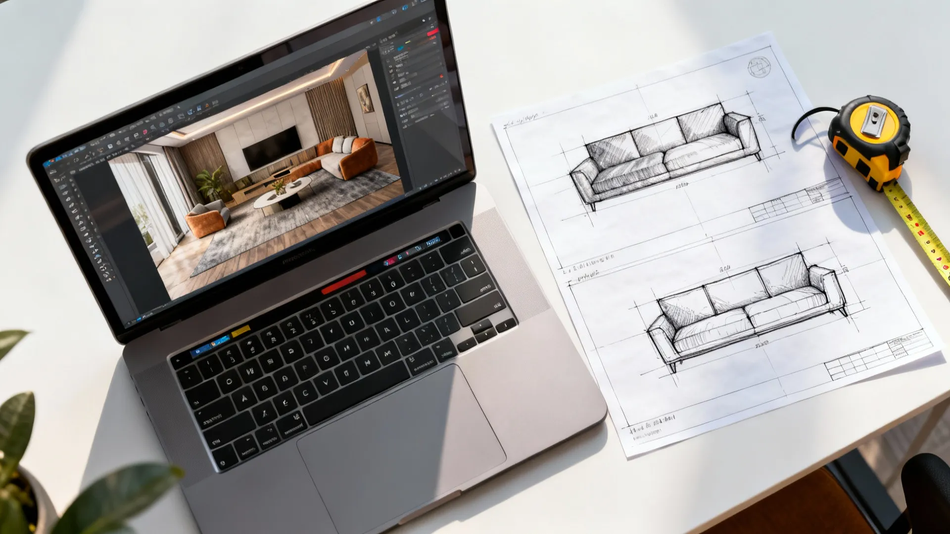 Top-down view of a laptop showing room planner mockups and sketches testing two-couch layouts