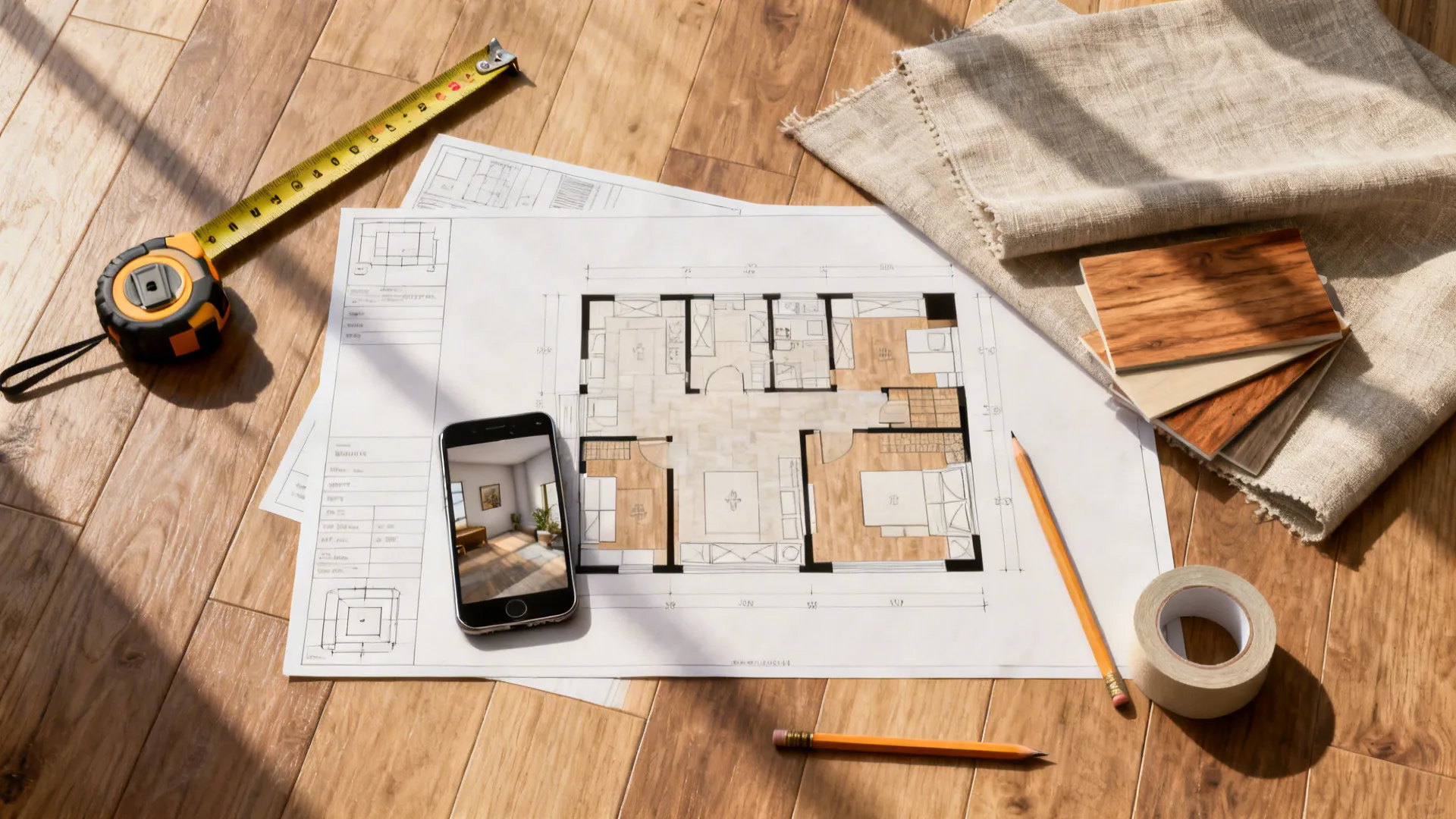 Top-down view of tools for planning wall art layouts including tape measure, templates, and 3D planner on a wooden floor.