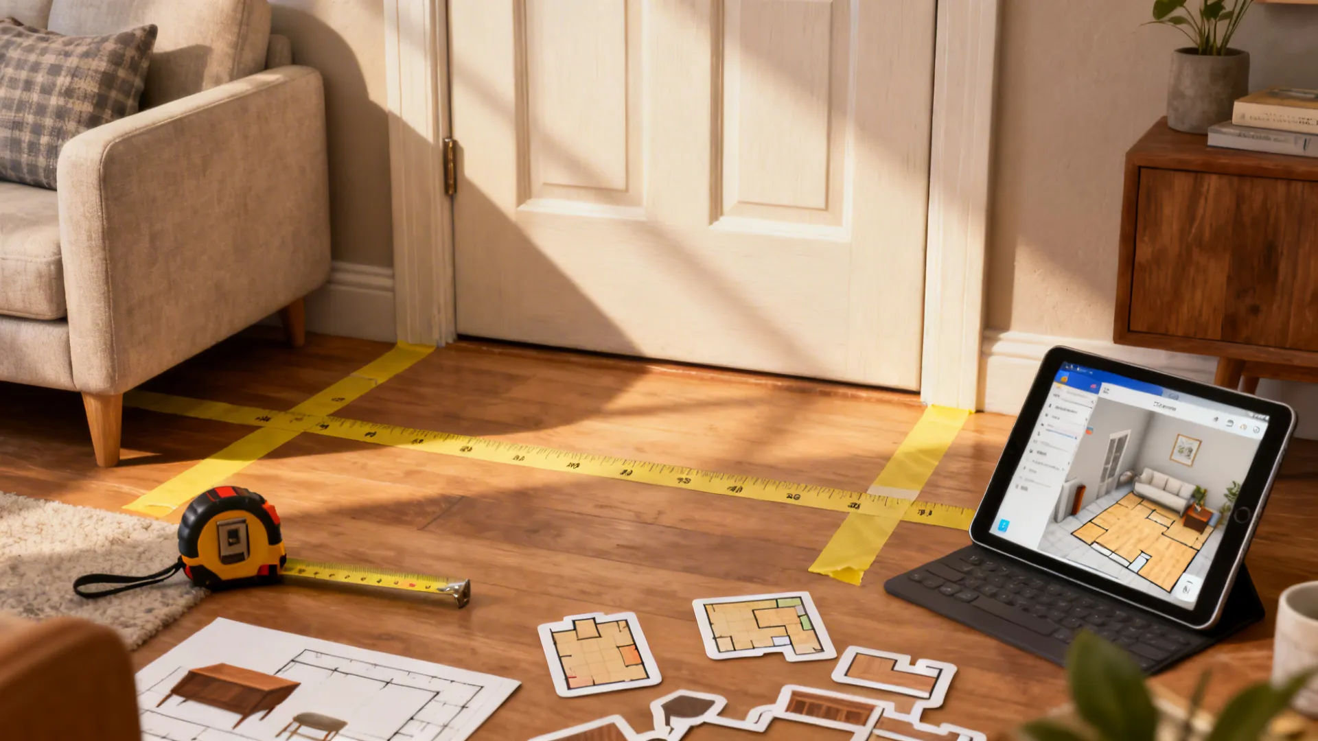 Tools and mockups showing painter's tape, measuring tape, and a tablet floor planner for testing centered-door layouts.
