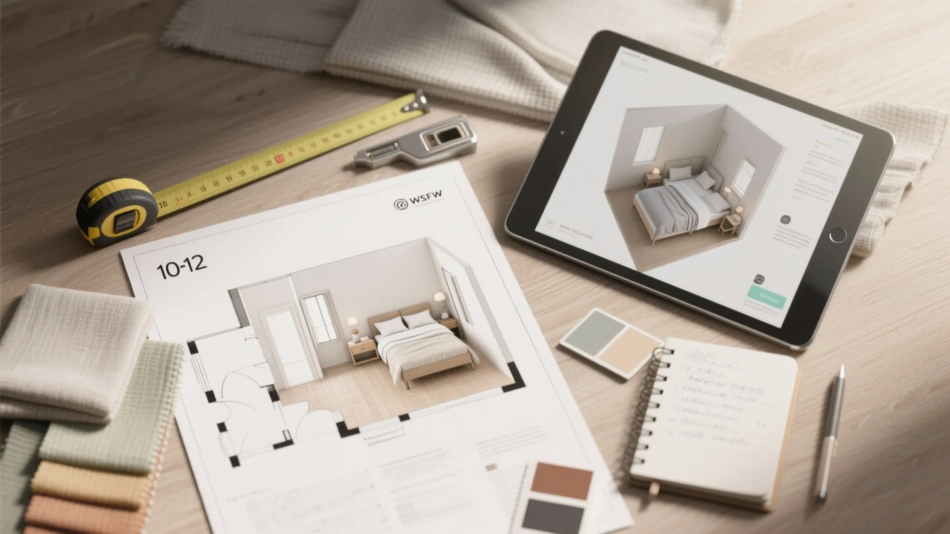 Flatlay of planning tools: 10x12 floor plan, tablet with 3D render, measuring tape and fabric swatches.