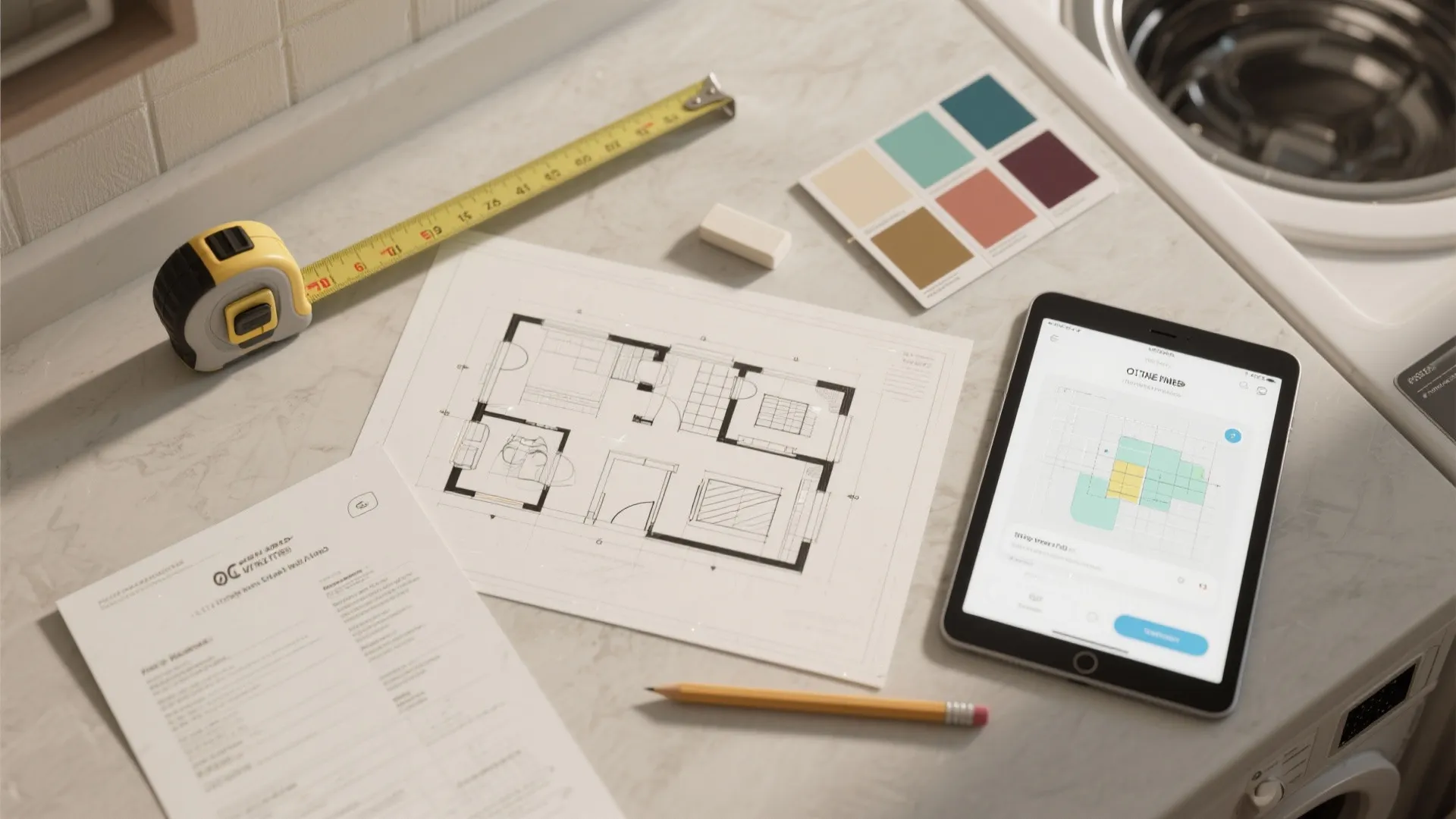 Interior design floor plan sketch with measuring tape color palette tablet pencil and eraser tools