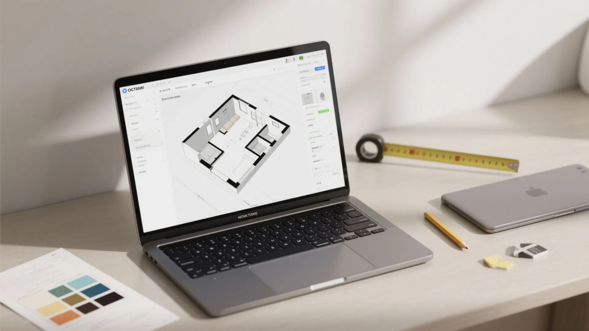 Flatlay of a laptop with a 3D floor planner, floor plan prints, tape measure and swatches