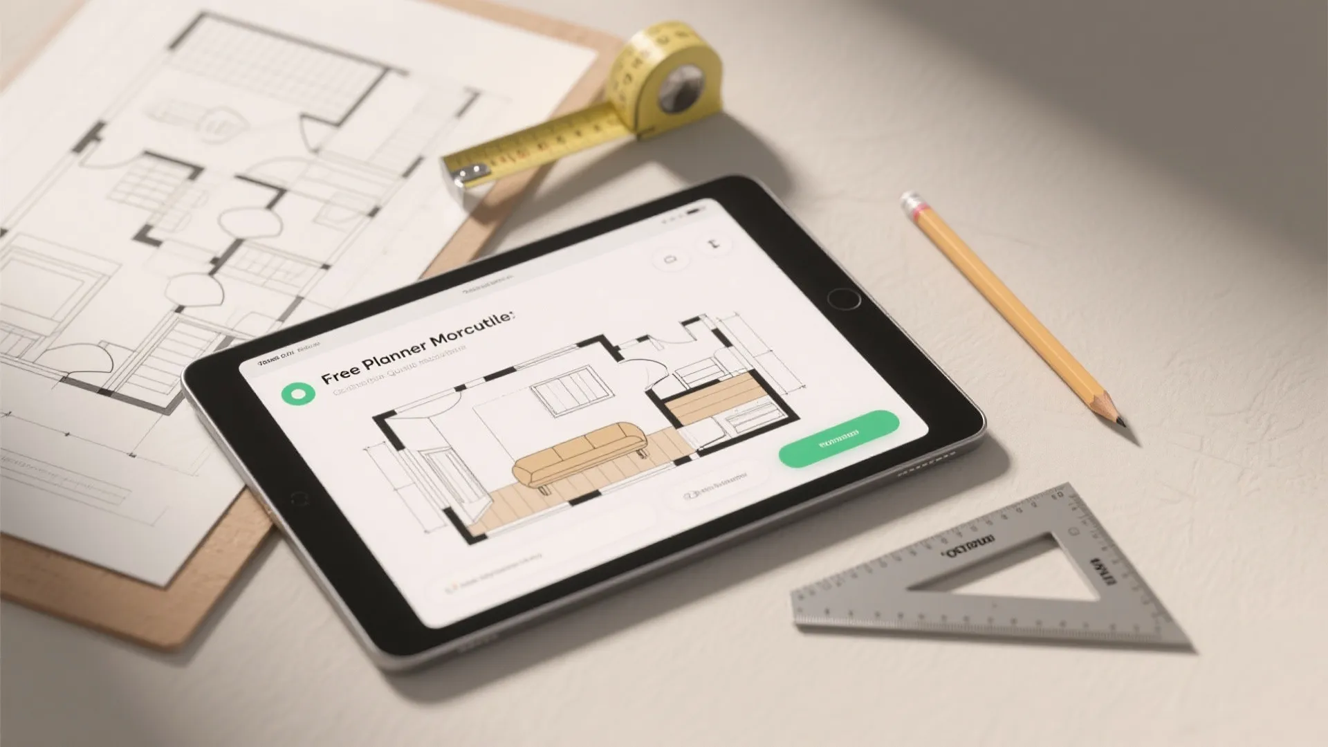 Digital tablet showing room layout next to paper floor plan measuring tape pencil and triangle ruler