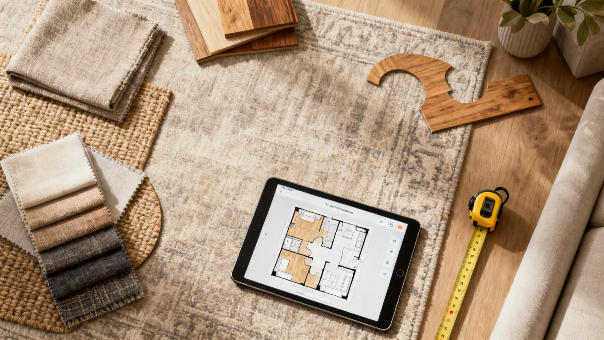 Flatlay of fabric swatches, rug samples, measuring tape and a tablet floor planner for room layout planning.
