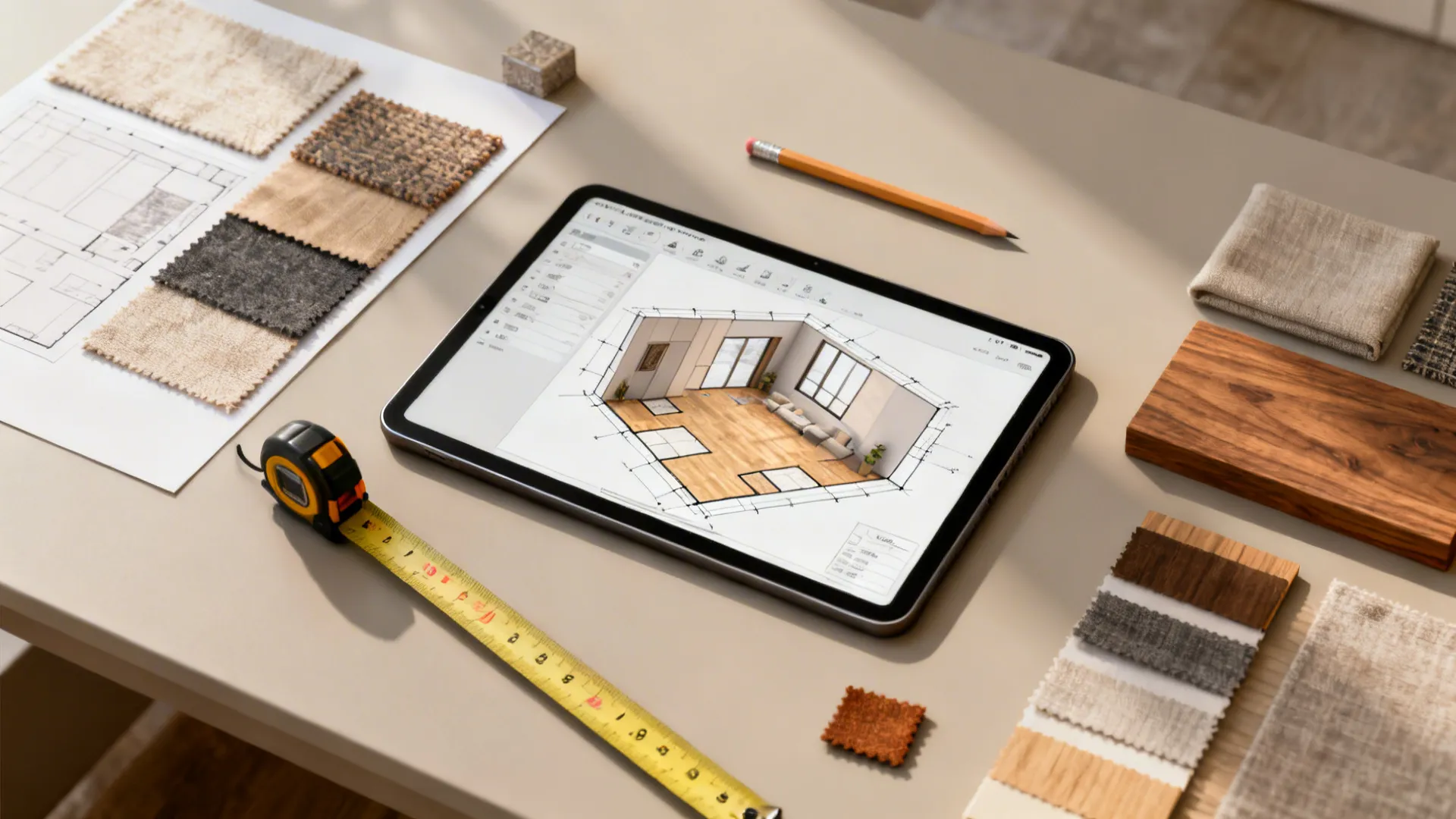 Tablet showing a 3D room design surrounded by fabric samples, a pencil, and measuring tape