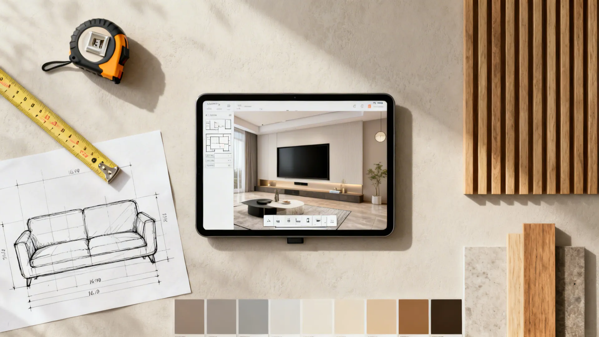 Flatlay of tools and samples for planning a wall-mounted TV layout