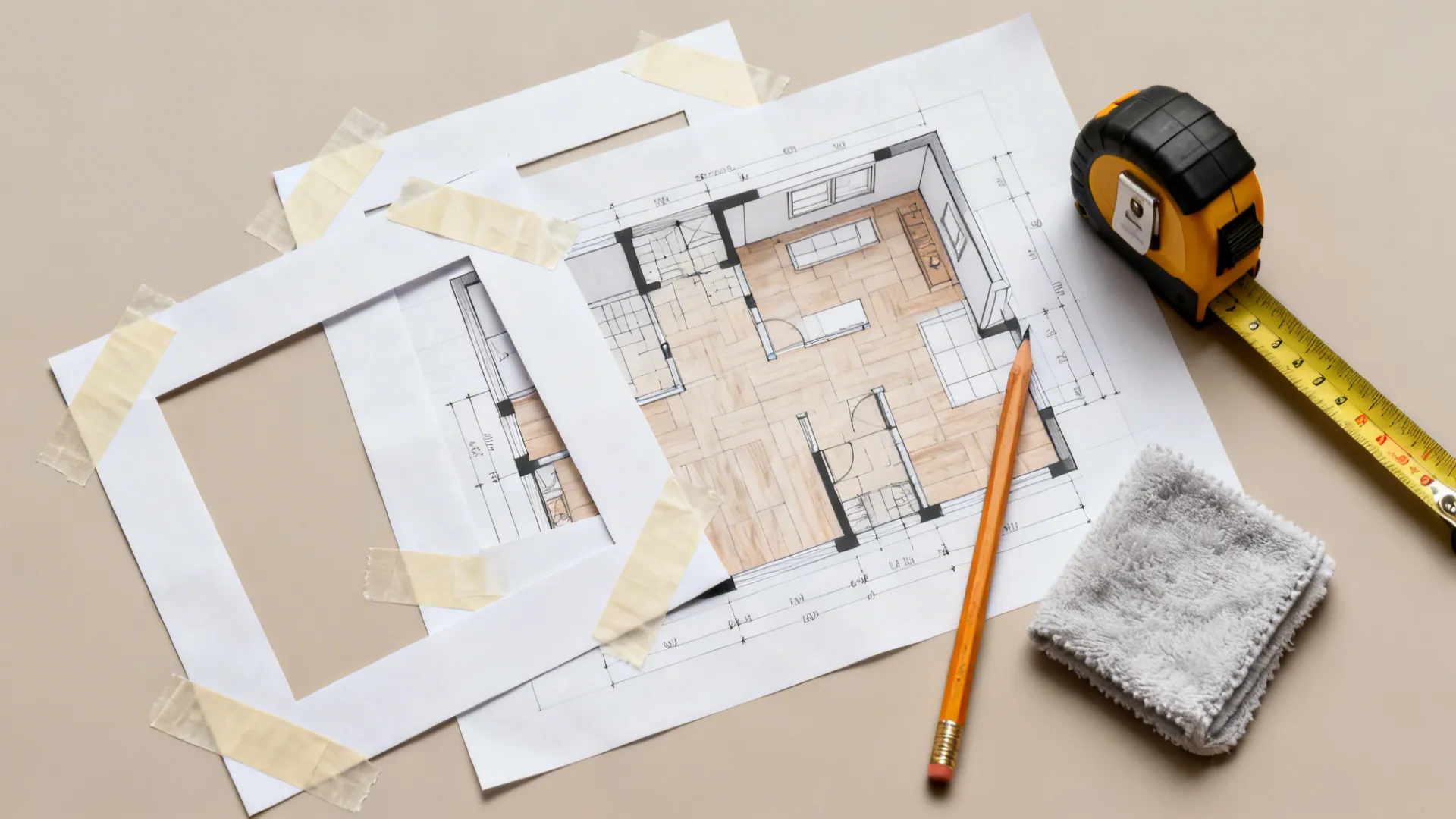 Flatlay of paper frame templates, measuring tape, and tools for planning picture layouts.
