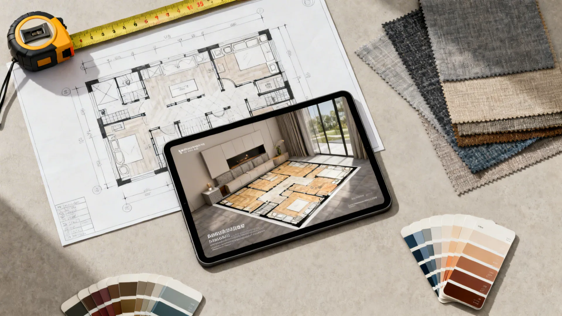 Top-down flatlay of a tape measure, tablet with 3D planner, fabric swatches and color chips for planning layouts.