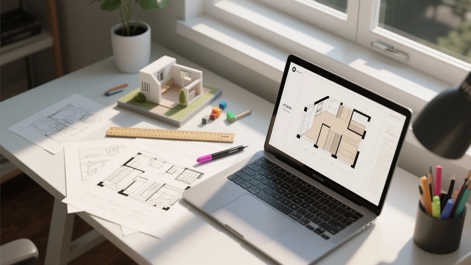 Top-down view of floor plan sketches and a laptop with a 3D floor planner on a bright desk.