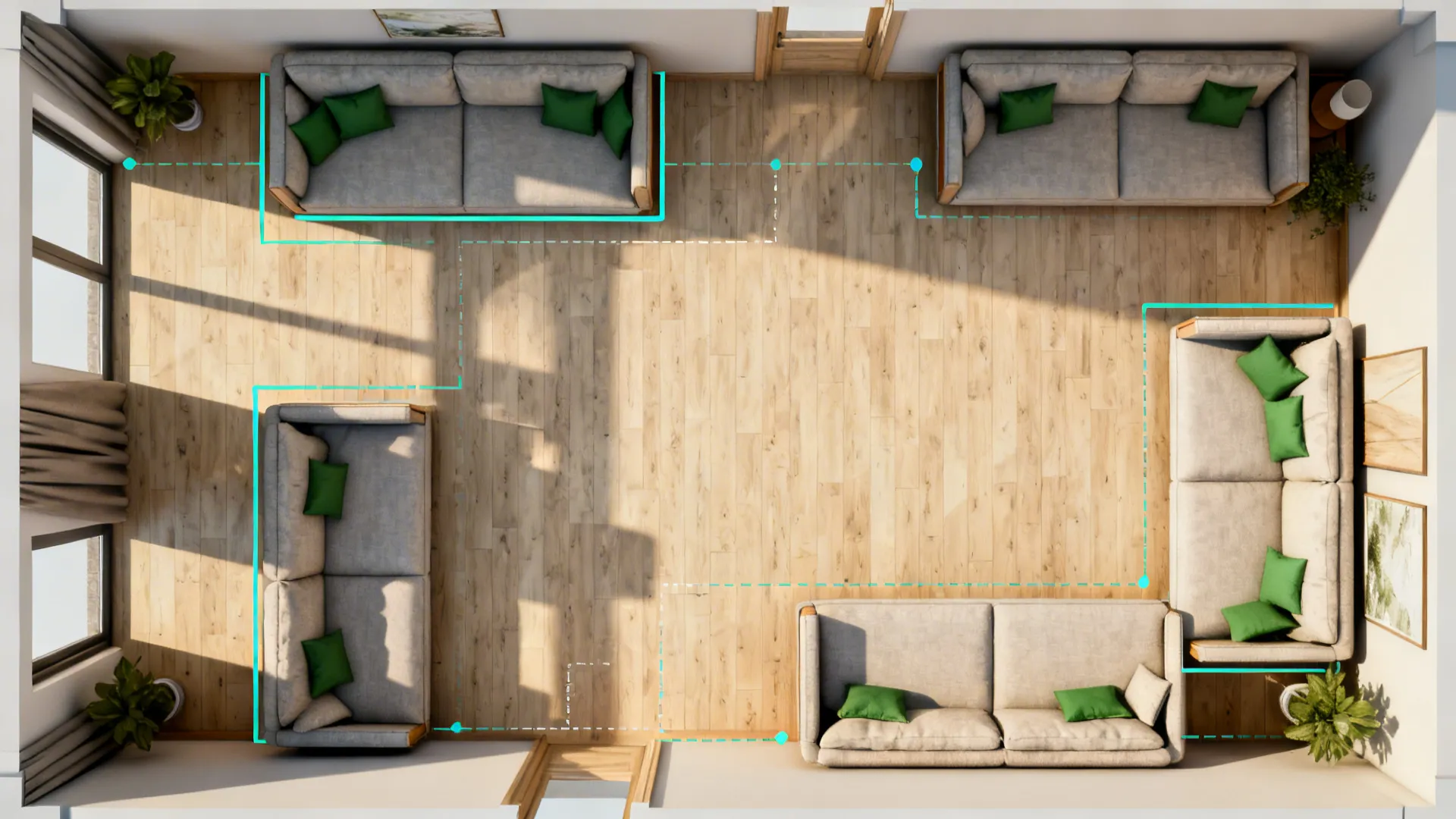 Top-down 3D mockup of living room layouts showing L-shaped sofa configurations and circulation paths.