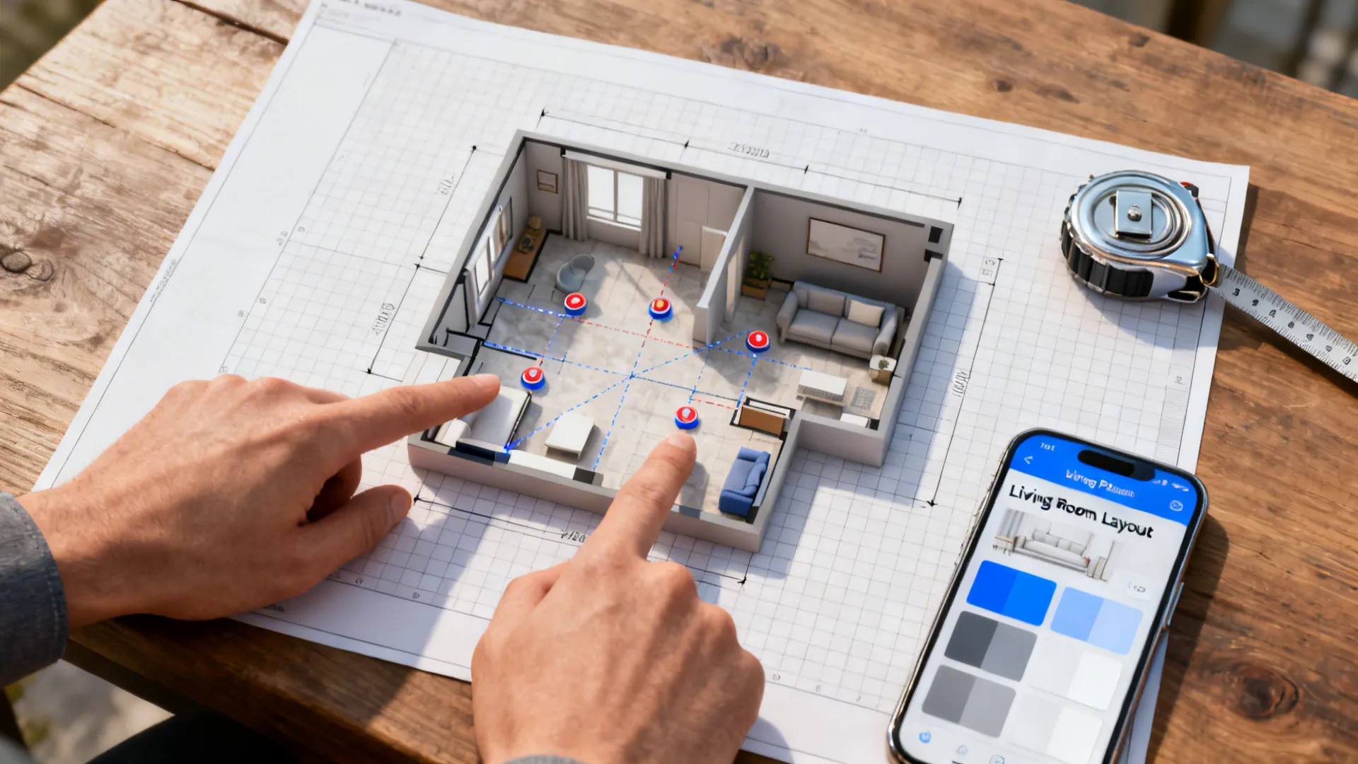 Top-down shot of a room planner mockup with measuring tape and app for small apartment layout