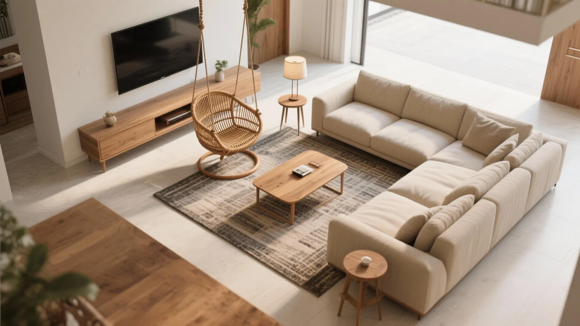 Top view room layout with beige sofa wooden coffee table television cabinet and indoor swing