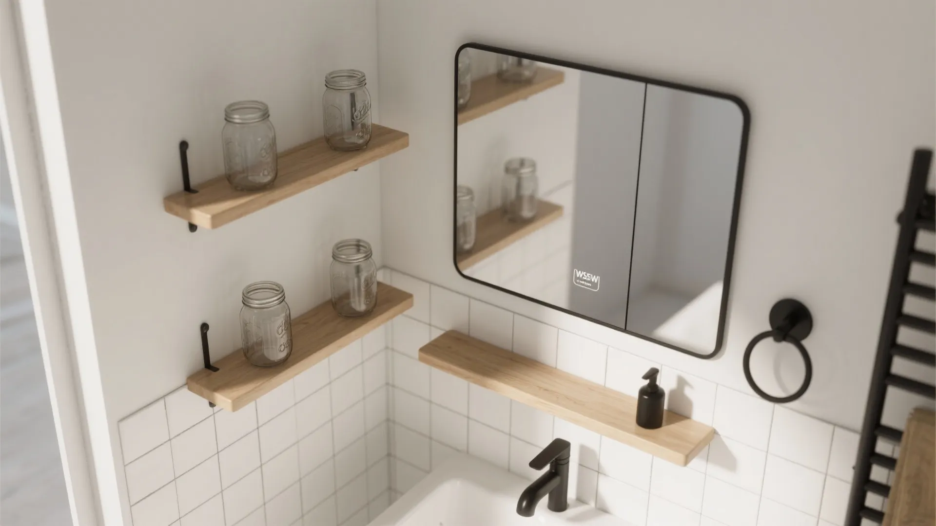 Top view of bathroom corner showing white tiled walls wooden shelves mirror and black faucet