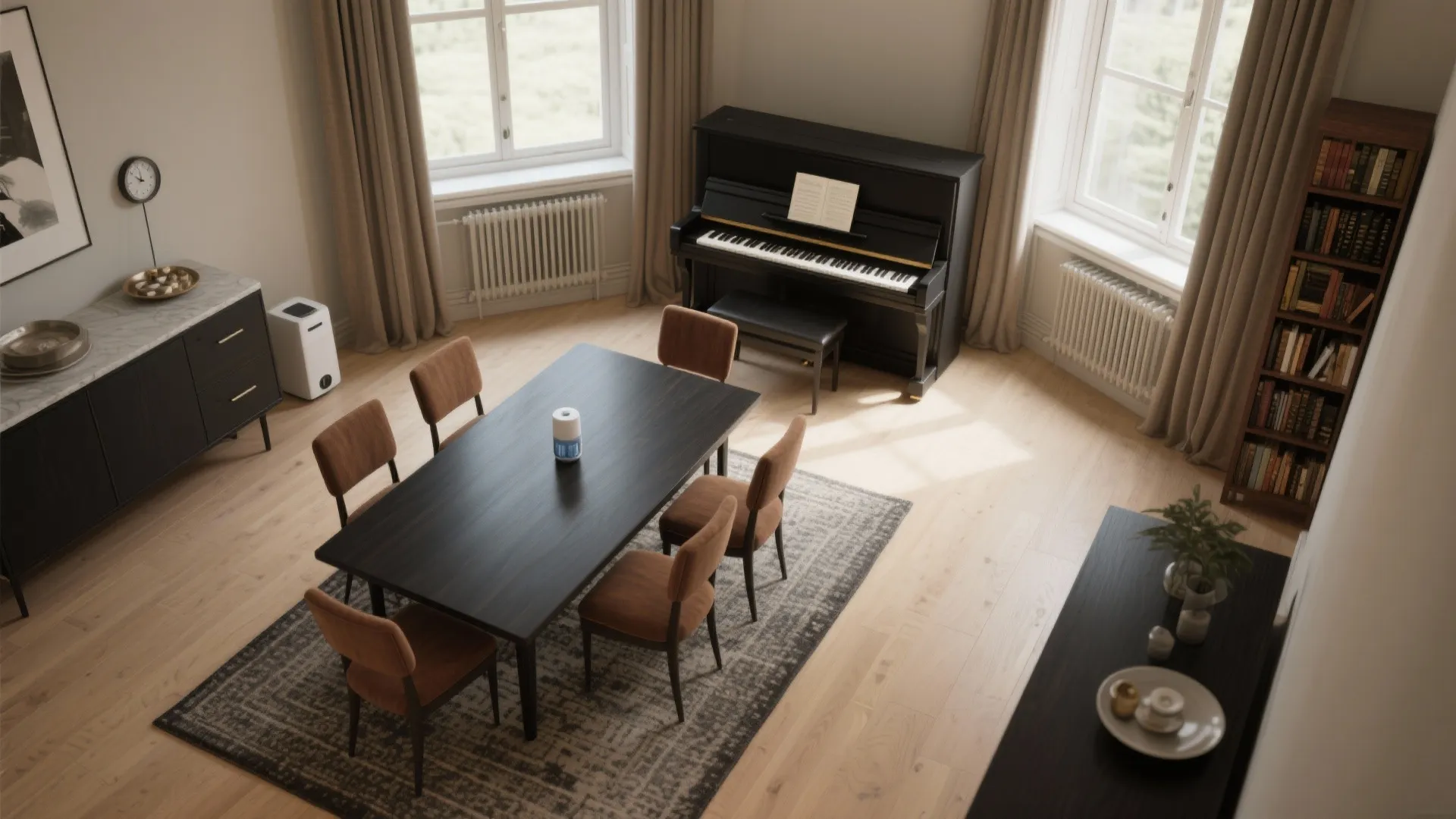 Top-down dining layout showing a piano placed away from windows and vents with ample clearance and soft furnishings.