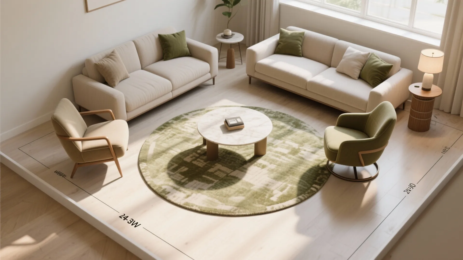 Living room layout design with two sofas, two chairs, round green rug, and floor measurement lines