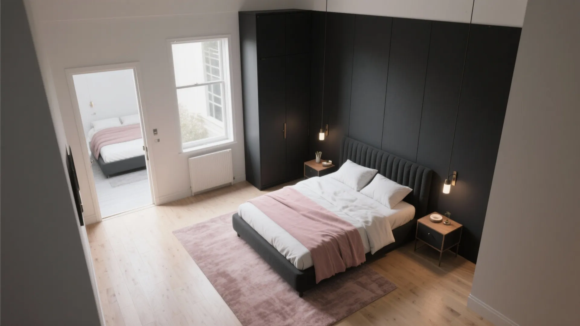 Top down interior design drawing of a modern bedroom with black wall panel and wardrobe