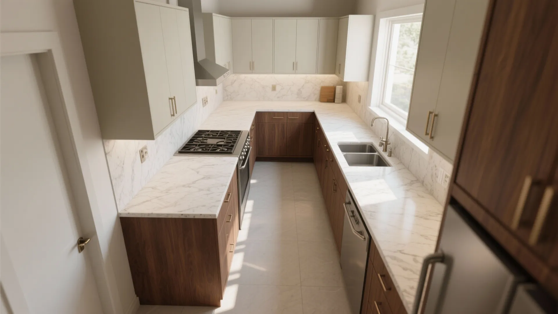 Top-down view of a galley kitchen with brown cabinets, light uppers, and generous clearances.