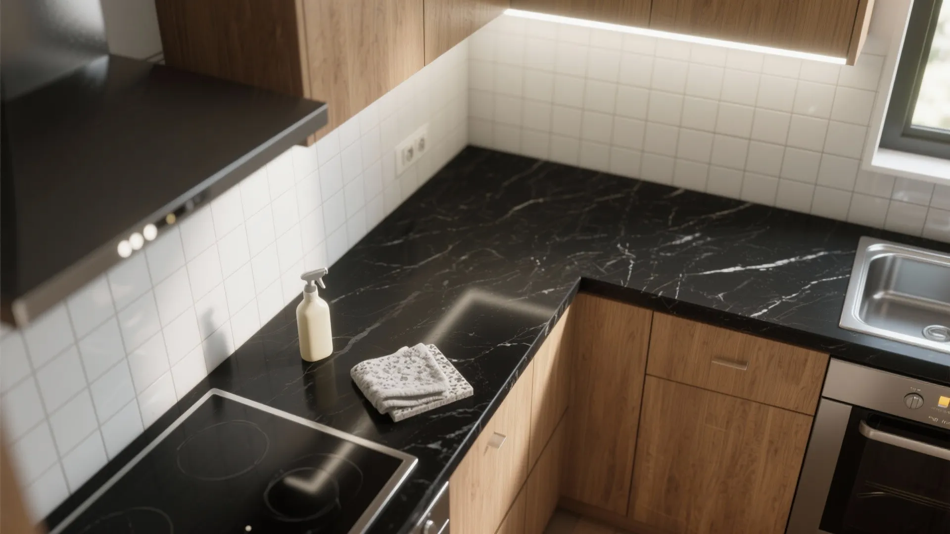 Top-down small kitchen with black counters, pale walls, task lighting, and care items arranged neatly.