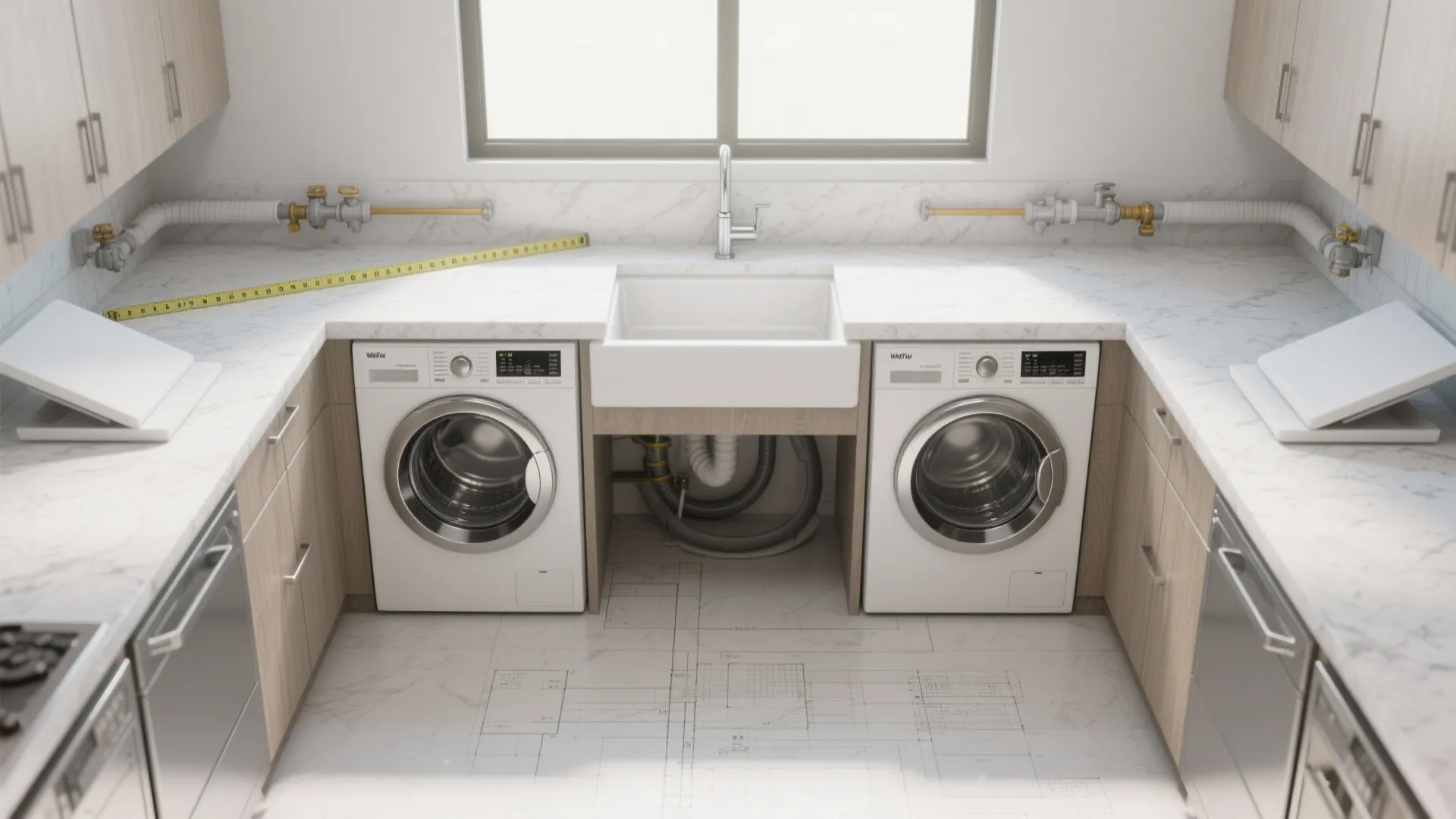 Interior design drawing showing laundry room layout with washing machines, sink, plumbing pipes, and floorplan