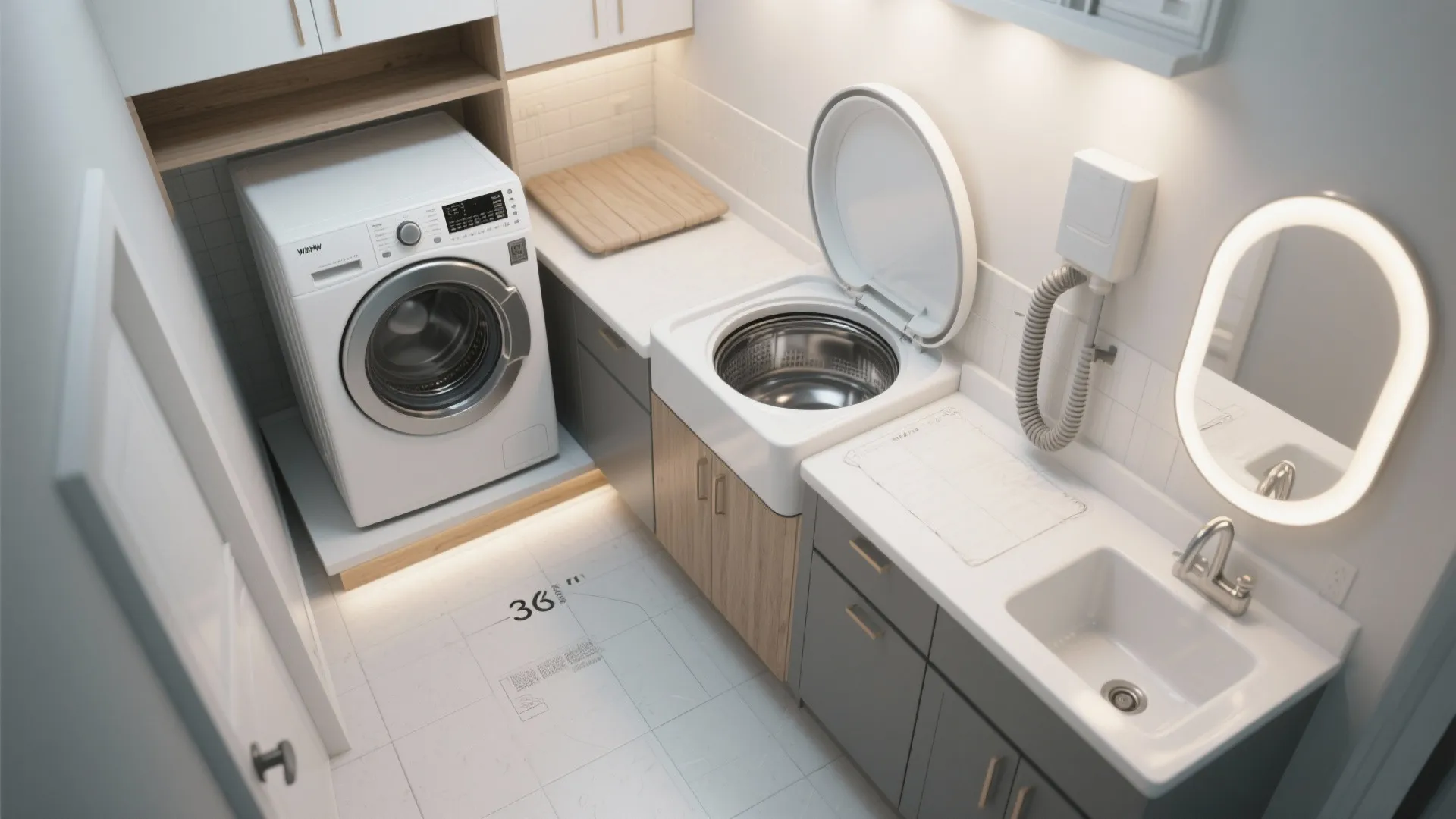 Top view laundry room with front load washer top load washer white sink and grey cabinets