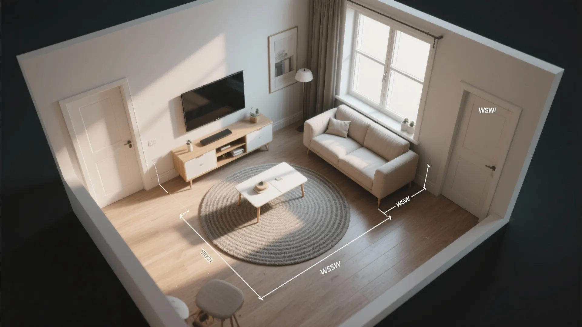 Top-down interior design drawing showing a living room layout with sofa cabinet rug and dimensions