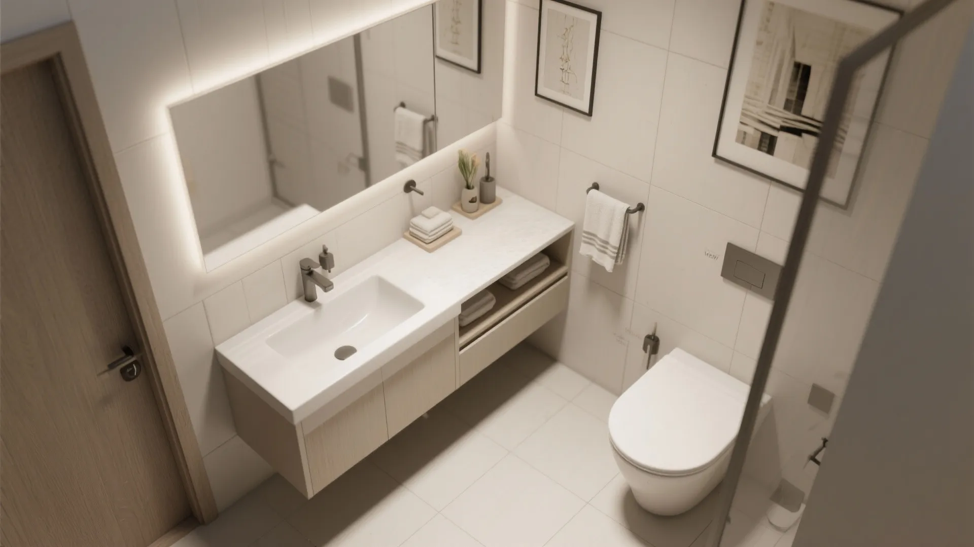 Top-down photorealistic small bathroom layout showing L-shaped vanity, floating basin and storage zones for decor.