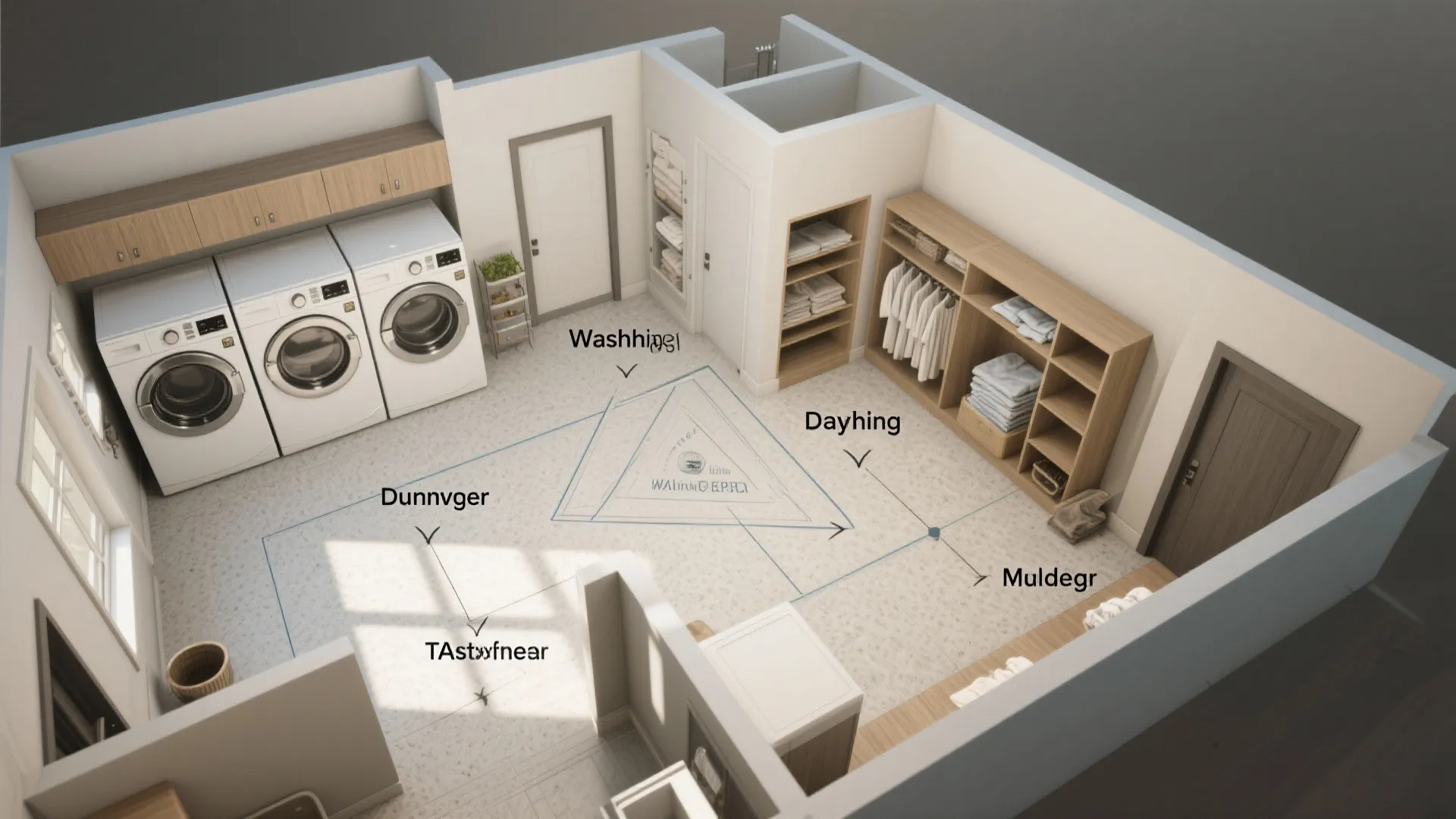 Top down laundry room interior design drawing with washing machines and wooden cabinets in 3D view