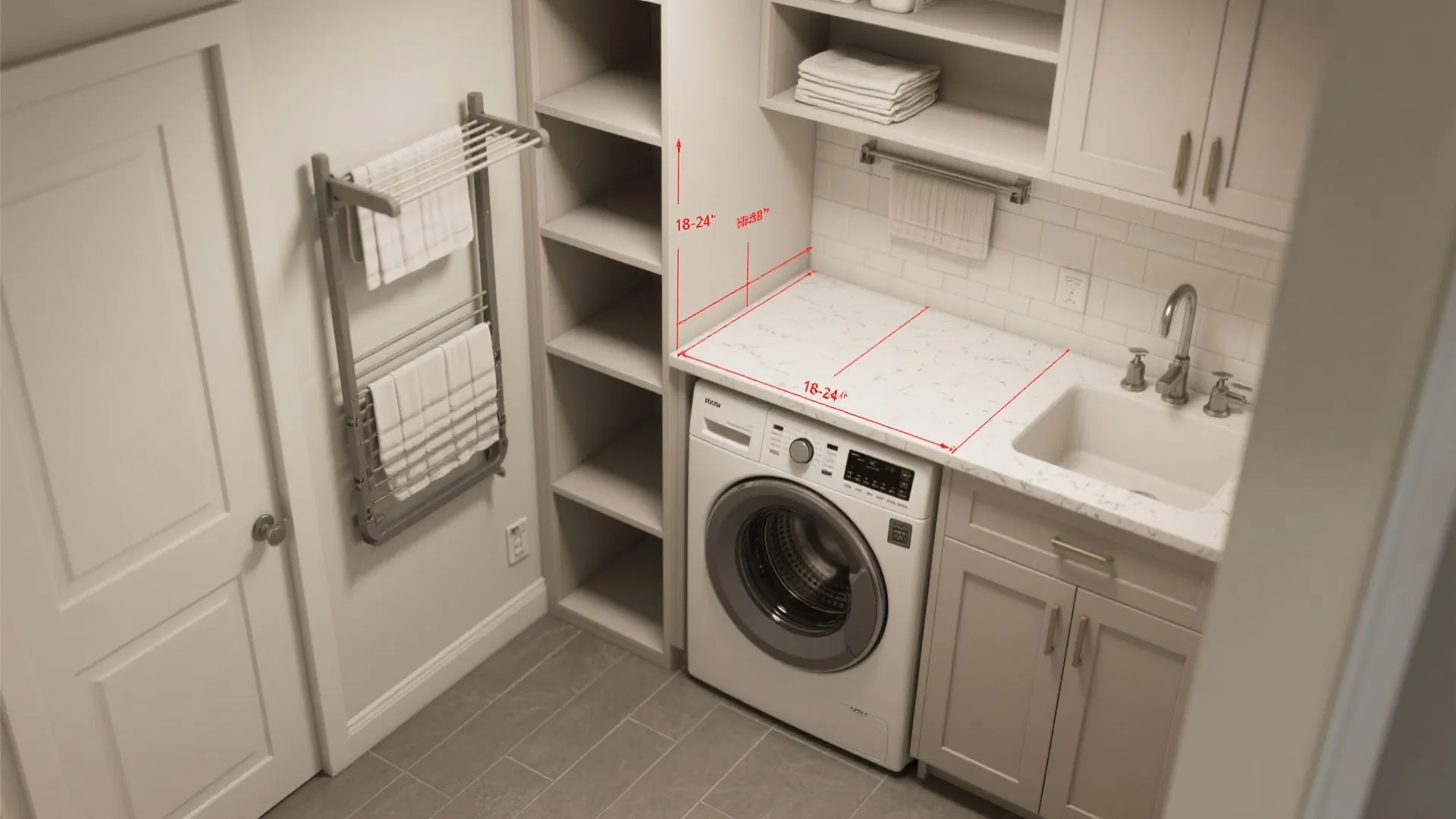Laundry room layout with washing machine white countertop sink tall shelves and wall mounted rack
