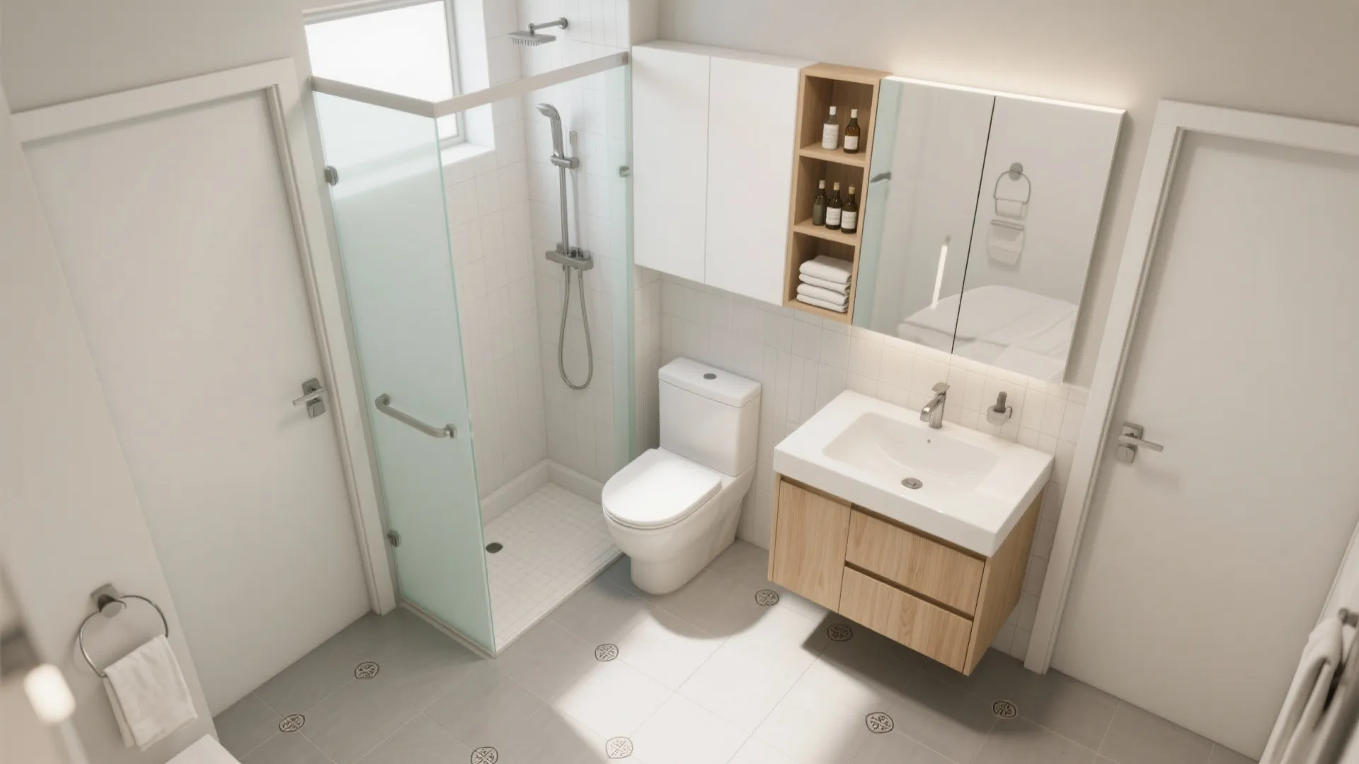 Top-down view of a small bathroom layout with glass shower toilet and wood vanity cabinet