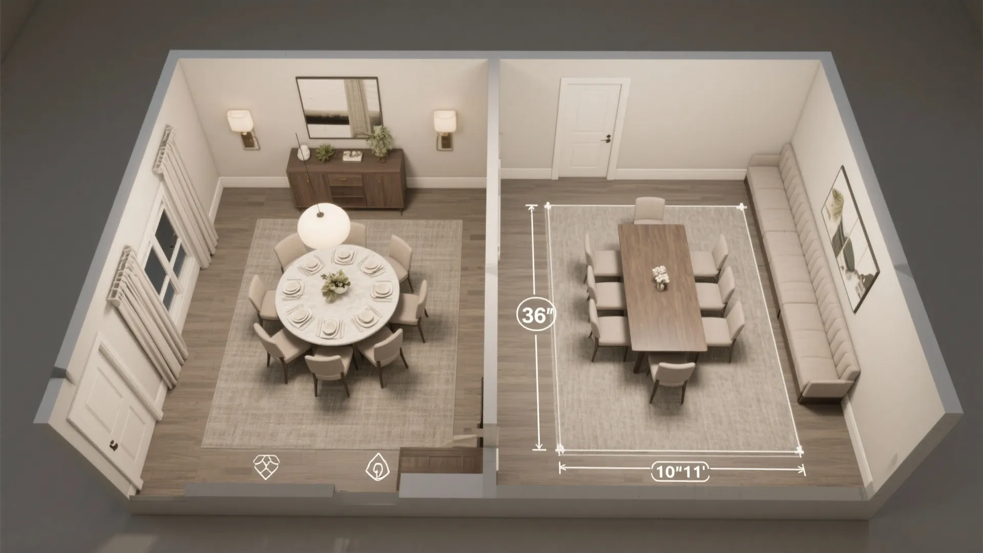 Top down interior design drawing showing two dining rooms with table sets and measurement labels