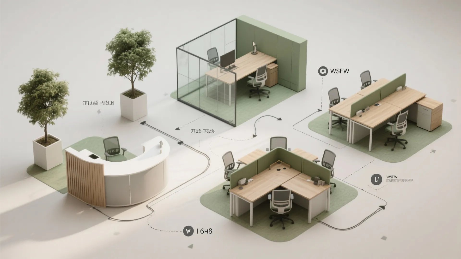 Isometric interior design drawing of modern office room layout with desks chairs and green plants