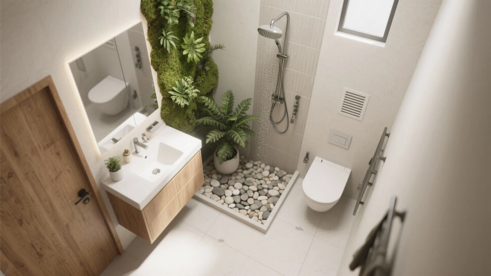 Interior design drawing top view of bathroom with shower toilet wooden cabinet and moss wall