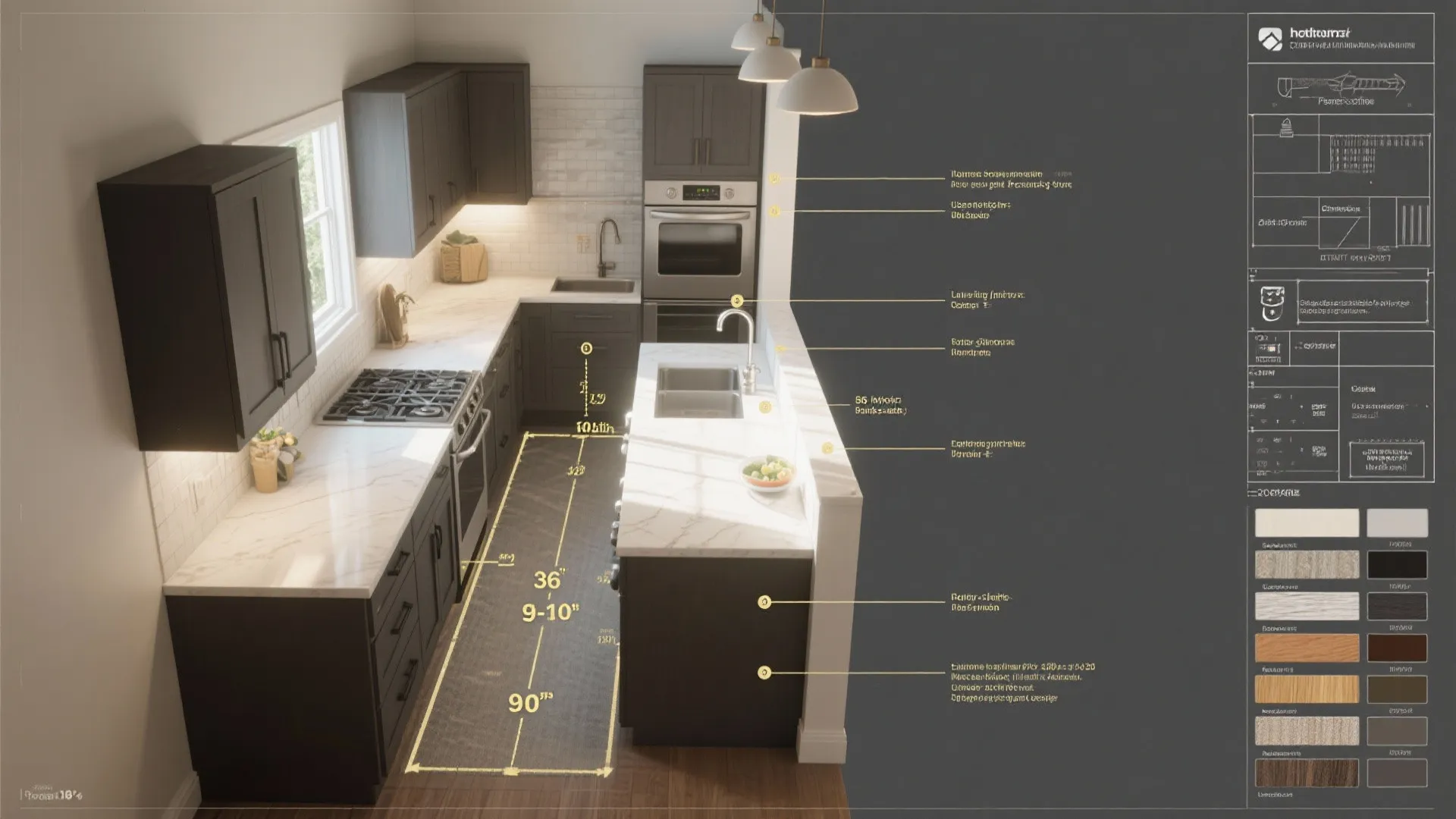 Interior design drawing showing kitchen floor plan with dark cabinets white marble countertops and measurements