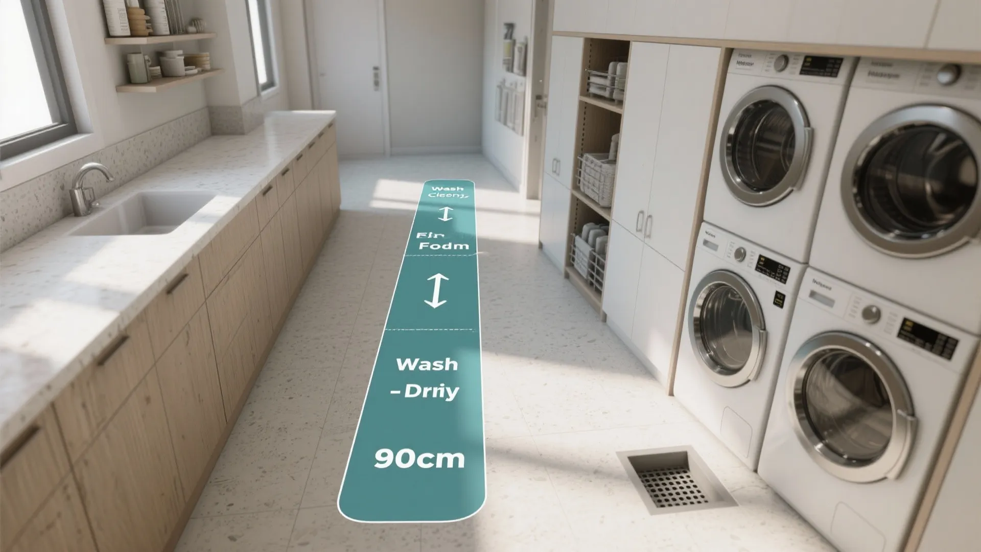 Laundry room layout showing ninety centimeter walkway between wooden cabinets and stacked washing machine units side