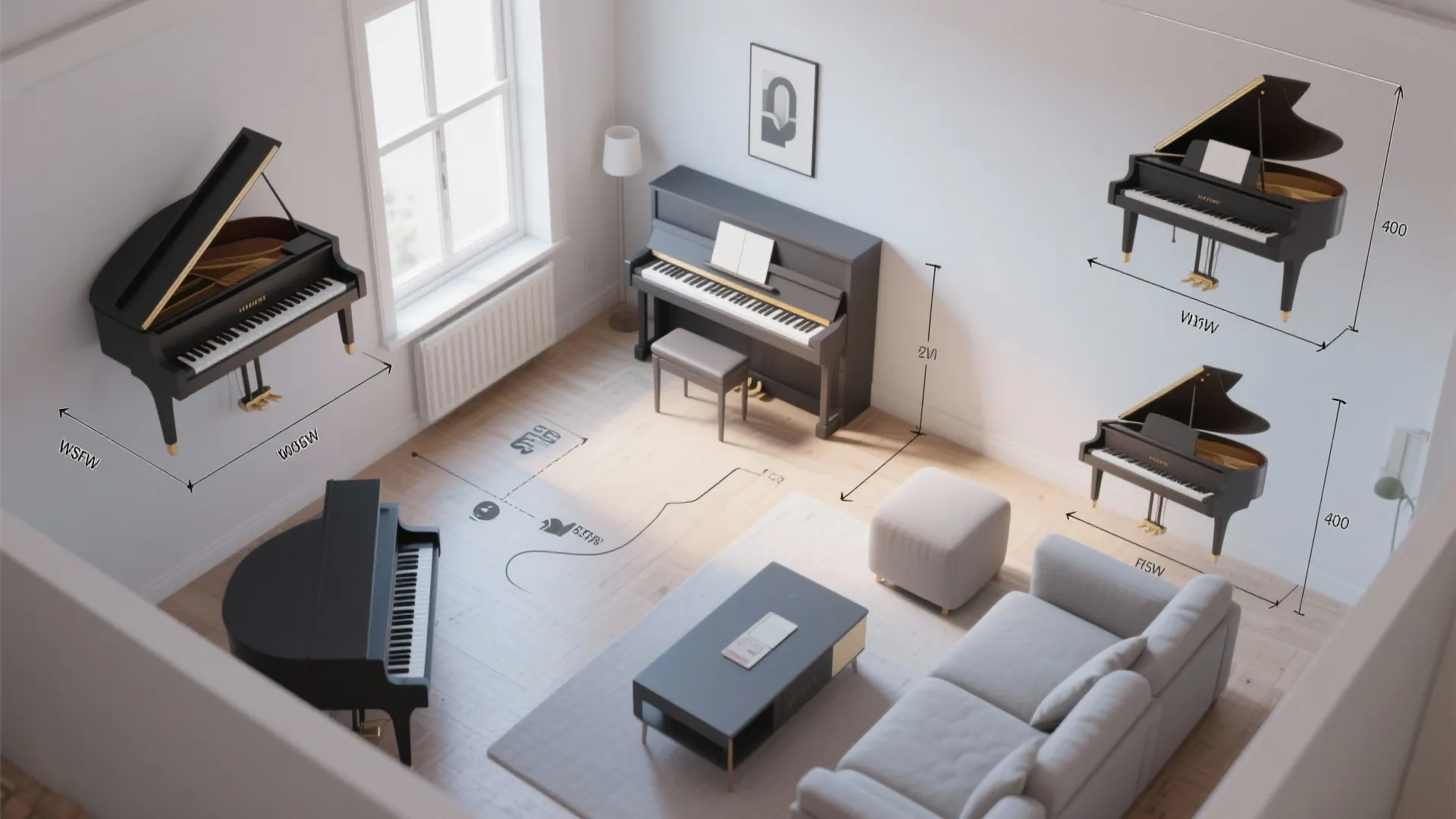 Interior design drawing showing piano placement options in a living room with sofa and table