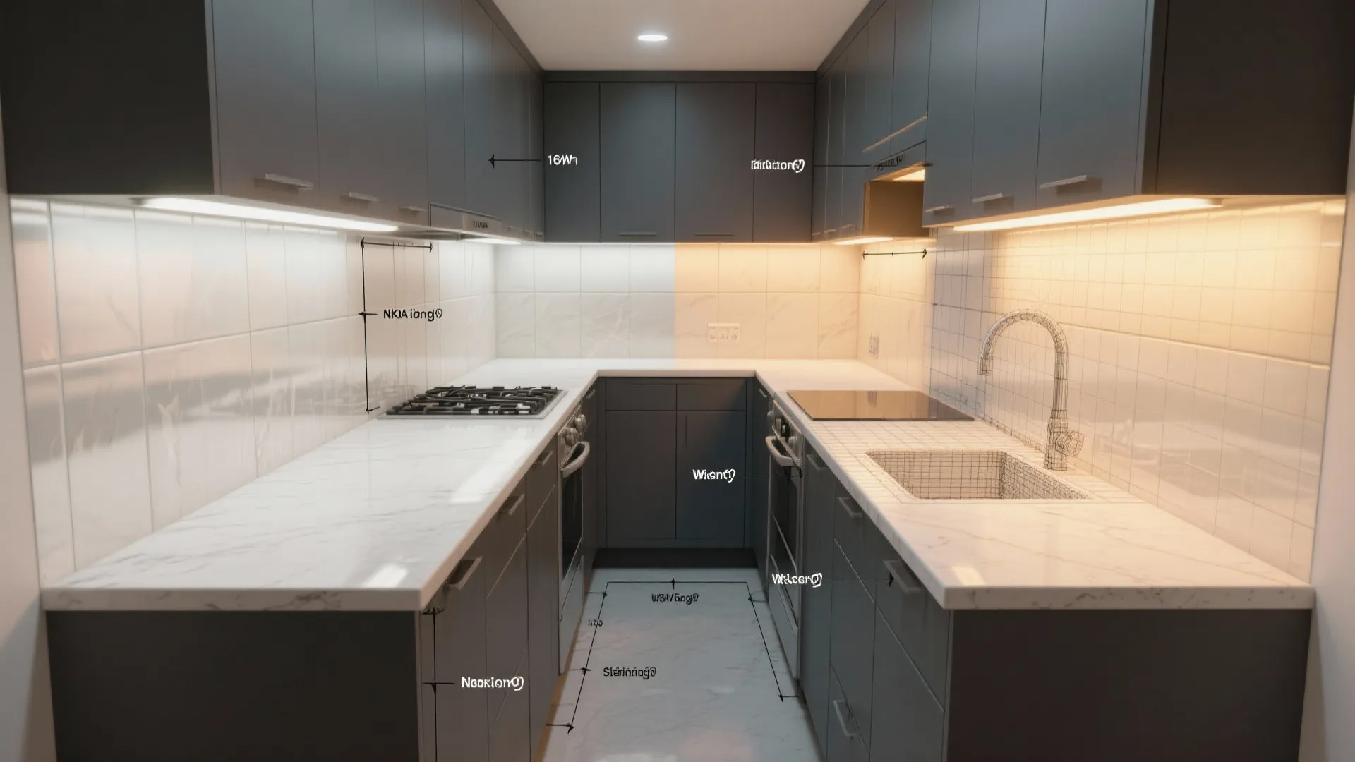 Top-down 3D kitchen mockup showing dark grey cabinets with annotated NKBA clearances and lighting scenarios.