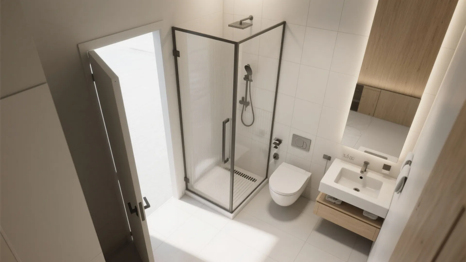 Modern small bathroom interior design drawing with glass shower cabin toilet sink and wooden cabinet