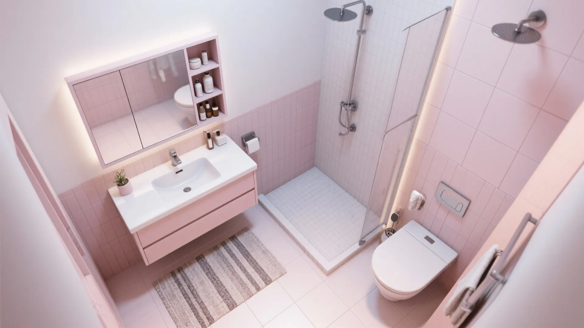 Top-down visualization of a compact bathroom floor plan with wall-mounted vanity and mirrored storage.