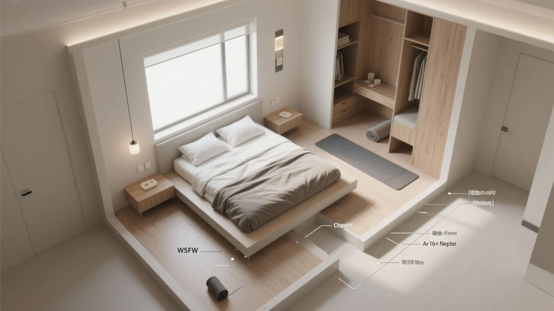 Top view bedroom design featuring a platform bed with wooden closet yoga mat and natural lighting