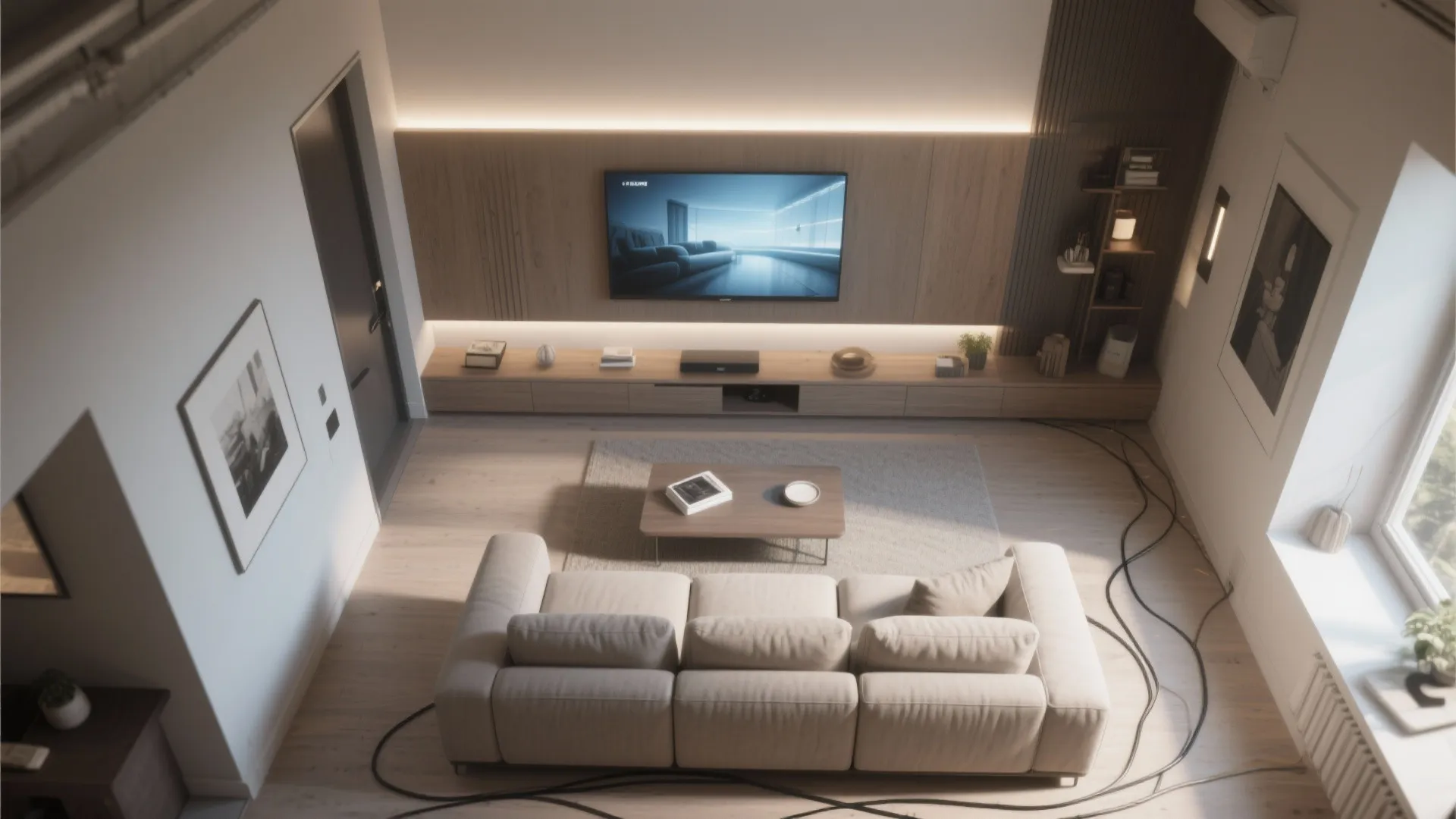 Modern living room layout with cream sofa coffee table wooden wall panels and large television