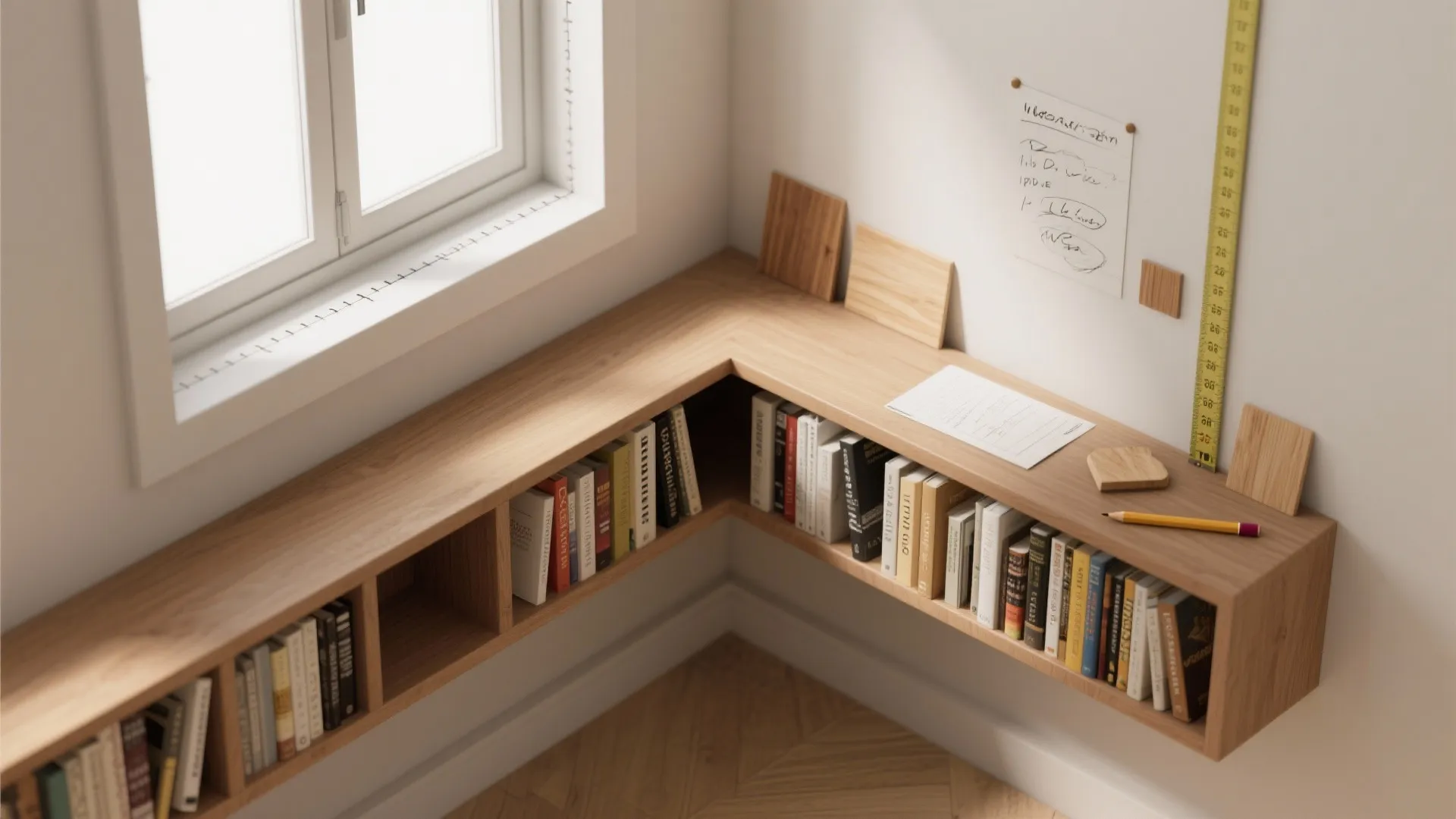 Corner wooden bookshelf near window with many books and pencil on light wood grain floor