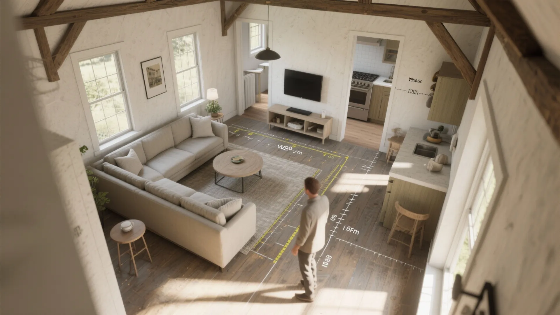 Interior design drawing of a room layout with floor measurements and open plan living space