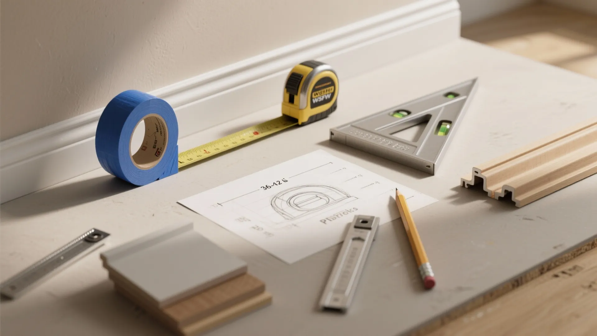 Interior design tools including measuring tape blue tape pencil and wood samples on a workbench surface