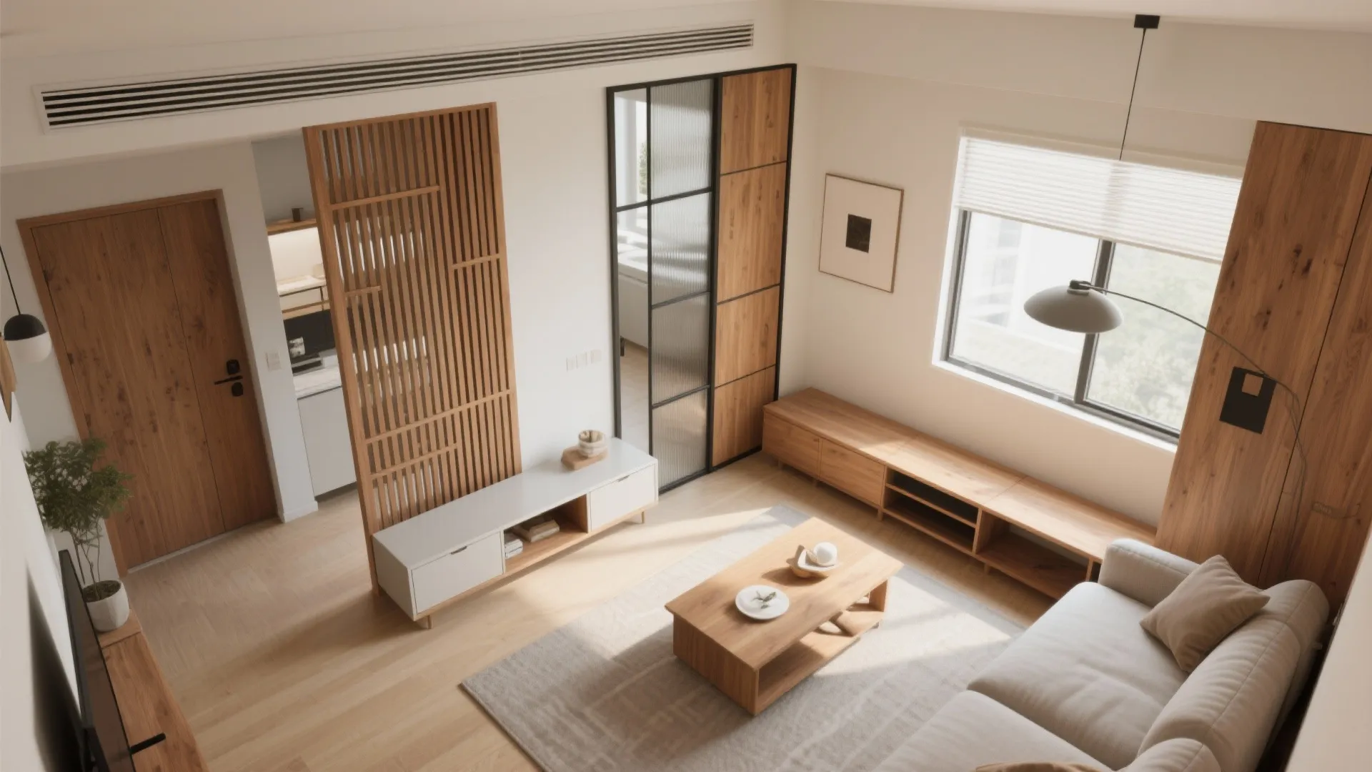 Top down interior design drawing showing living room layout with wooden furniture and room divider
