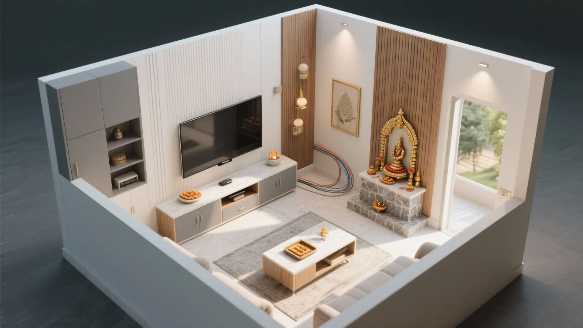 Top-down living room plan showing balanced TV and pooja zones, storage, and clear walking paths.
